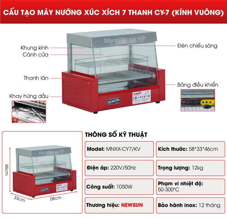 Cấu tạo máy nướng xúc xích 7 thanh CY-7 (kính vuông)