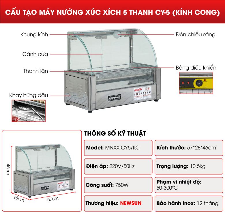 Cấu tạo máy nướng xúc xích 5 thanh CY-5 (kính cong)