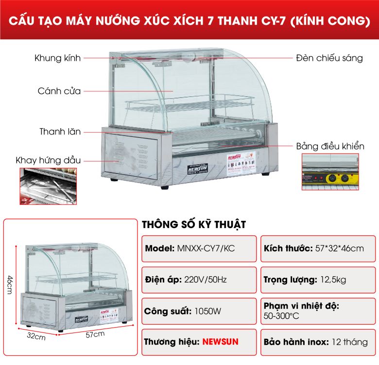 Cấu tạo máy nướng xúc xích 7 thanh CY-7 (kính cong)