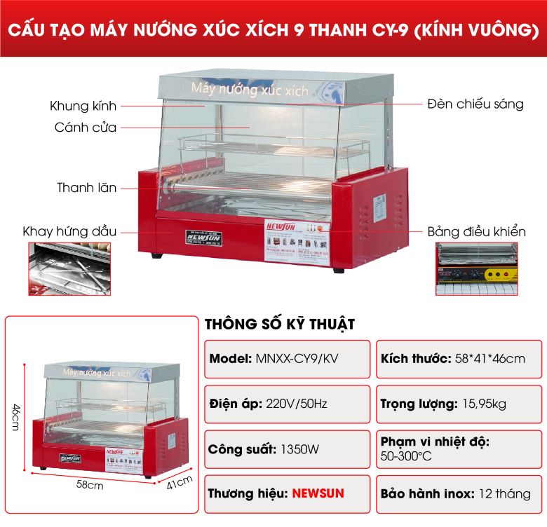 Cấu tạo máy nướng xúc xích 9 thanh CY-9 (kính vuông)