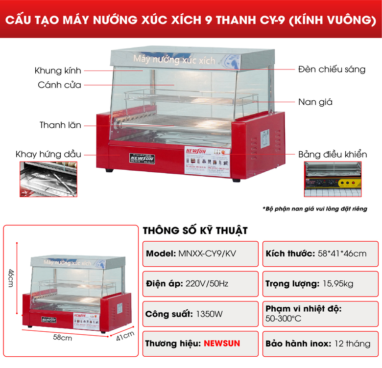 Cấu tạo máy nướng xúc xích 9 thanh CY-9 (kính vuông)