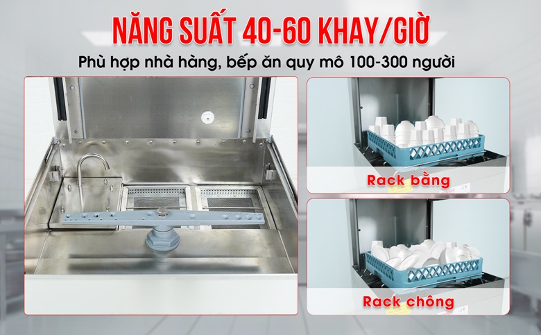 Trung bình mỗi giờ, máy rửa được khoảng 40-60 khay bát đĩa