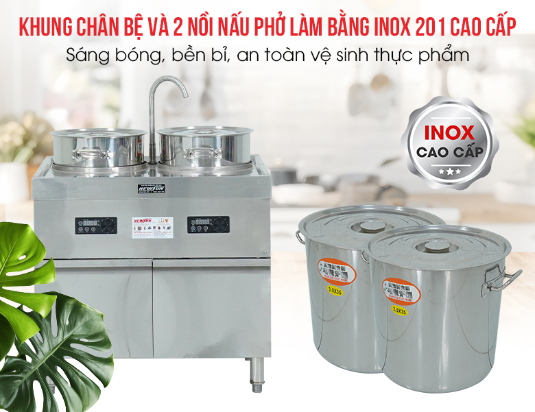 Khung chân bệ và 2 nồi nấu phở được làm bằng inox 201 cao cấp