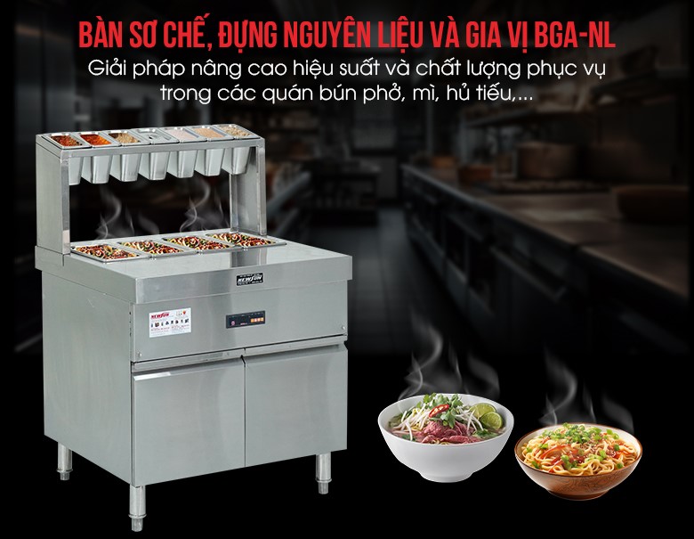 Bàn sơ chế, đựng nguyên liệu và gia vị BGA-NL cho quán bún, phở, mì, hủ tiếu