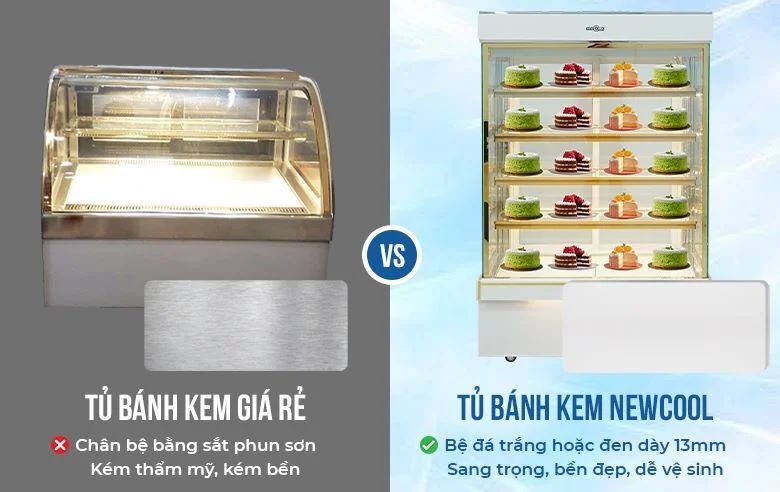 So sánh chân bệ tủ bánh kem bằng sắt phun sơn và tủ bánh kem NEWCOOL