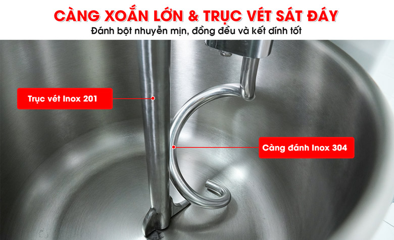 Càng xoắn lớn kết hợp trục vét sát đáy đánh bột nhuyễn mịn, đồng đều và kết dính tốt