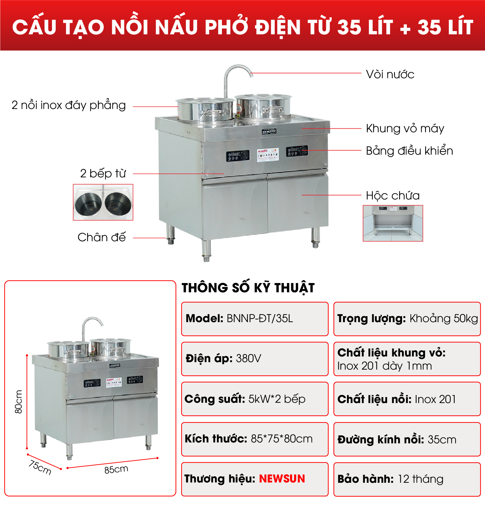 Cấu tạo nồi nấu phở điện từ 35 lít + 35 lít