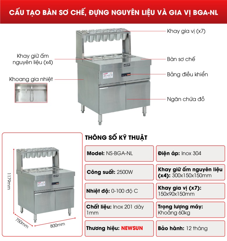 Cấu tạo bàn sơ chế, đựng nguyên liệu và gia vị BGA-NL