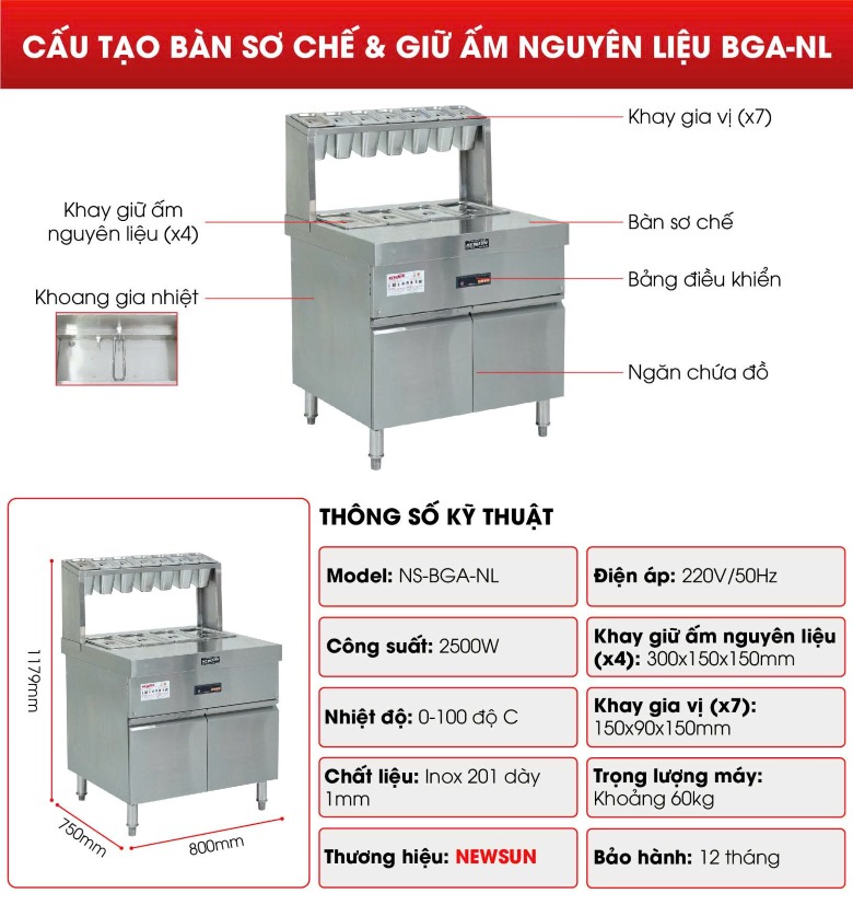 Cấu tạo bàn sơ chế và giữ ấm nguyên liệu 11 khay BGA-NL Cấu tạo bàn sơ chế và giữ ấm nguyên liệu 11 khay BGA-NL