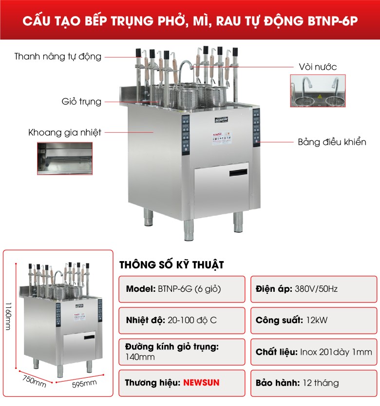 Cấu tạo bếp trụng phở, mì, rau tự động BTNP-6G