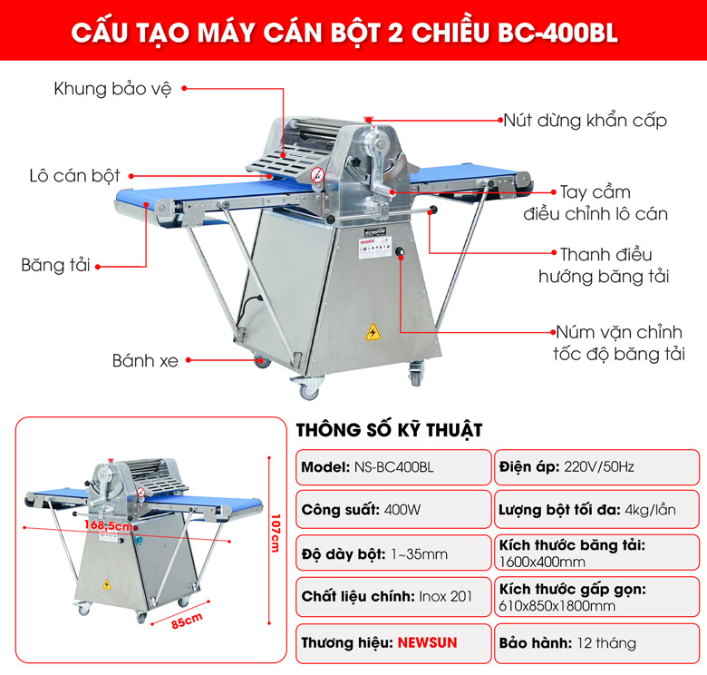 Cấu tạo máy cán bột 2 chiều BC-400BL