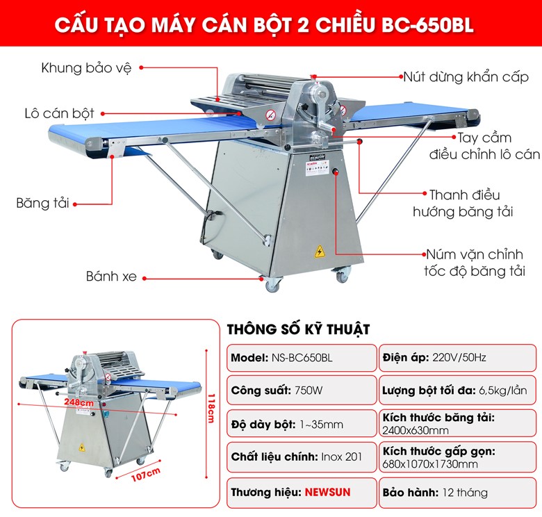 Cấu tạo máy cán bột 2 chiều BC-650BL