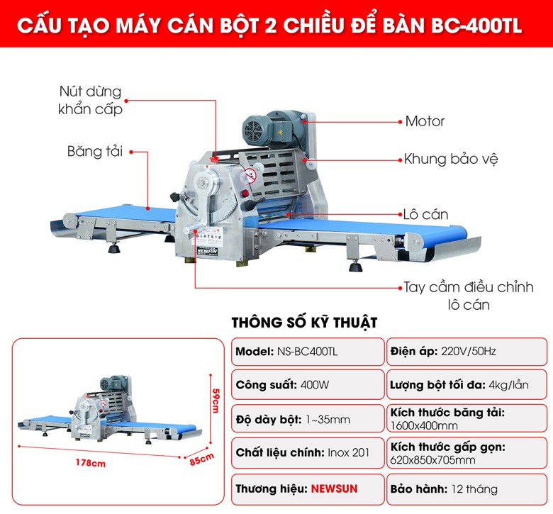 Cấu tạo máy cán bột 2 chiều để bàn BC-400TL