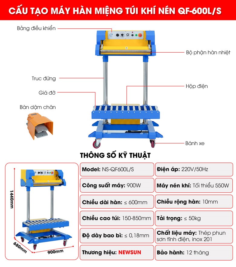 Cấu tạo máy hàn miệng túi khí nén QF-600L/S