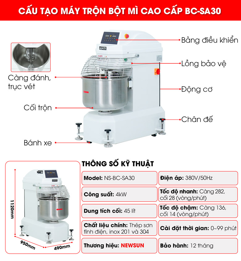 Cấu tạo máy trộn bột mì BC-SA30