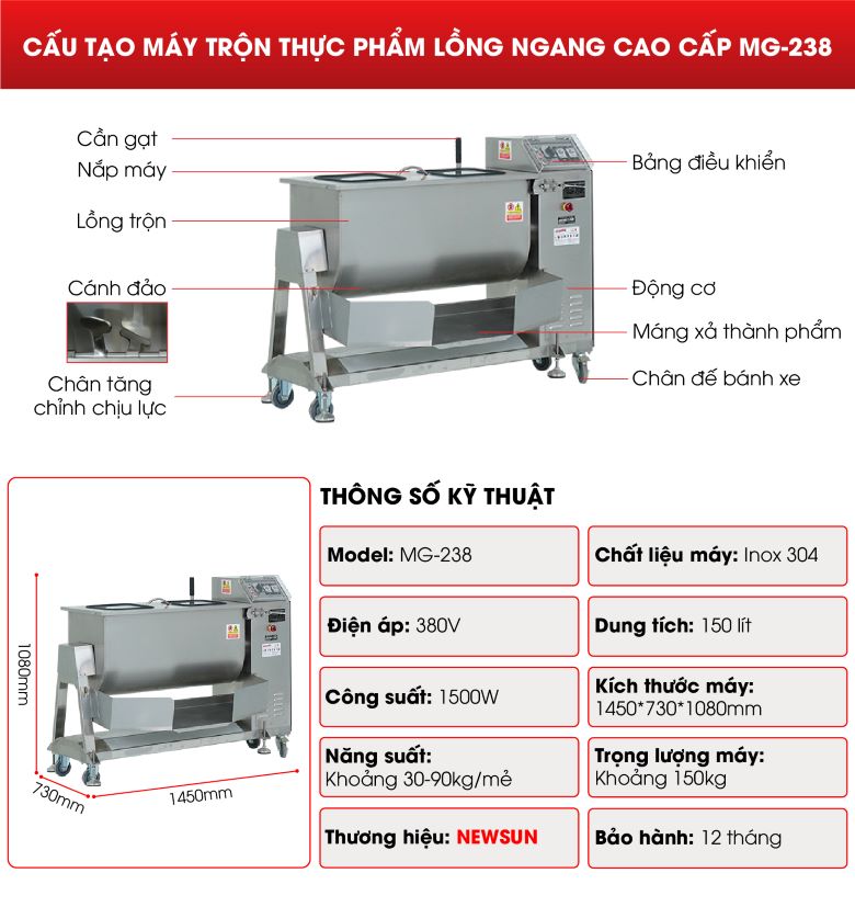 Cấu tạo của máy trộn thực phẩm lồng ngang cao cấp MG-238