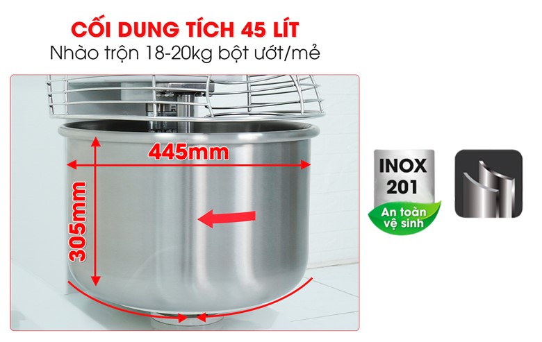 Cối trộn dung tích 45 lít, chất liệu inox 201 không han gỉ