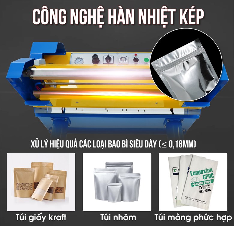 Công nghệ hàn nhiệt kép, xử lý được các bao bì dày ≤ 0,18mm