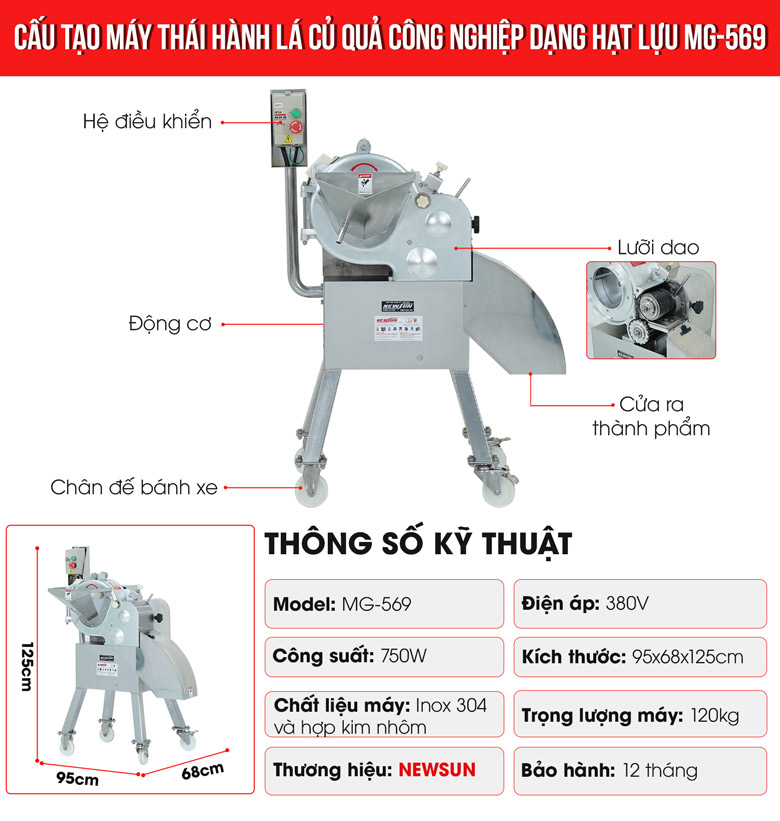 Cấu tạo máy thái hành lá củ quả công nghiệp dạng hạt lựu MG-569