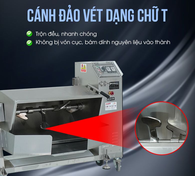 Cánh đảo vét dạng chữ T được bố trí đều trên trục giúp trộn bột đều, nhanh chóng