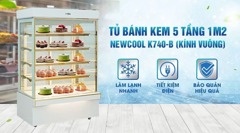 Tủ bánh kem 5 tầng 1m2 K740-B (kính vuông)