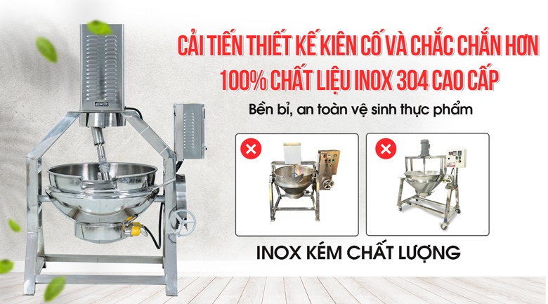 Chất liệu inox 304 cao cấp, từ khung thân máy đến lòng chảo, trục cánh khuấy,...