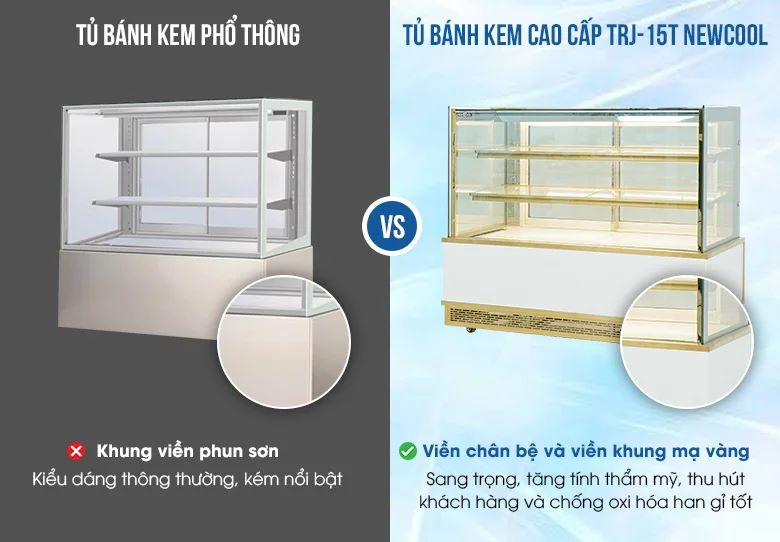 Tủ bánh kem với viền chân bệ và viền khung mạ vàng sang trọng