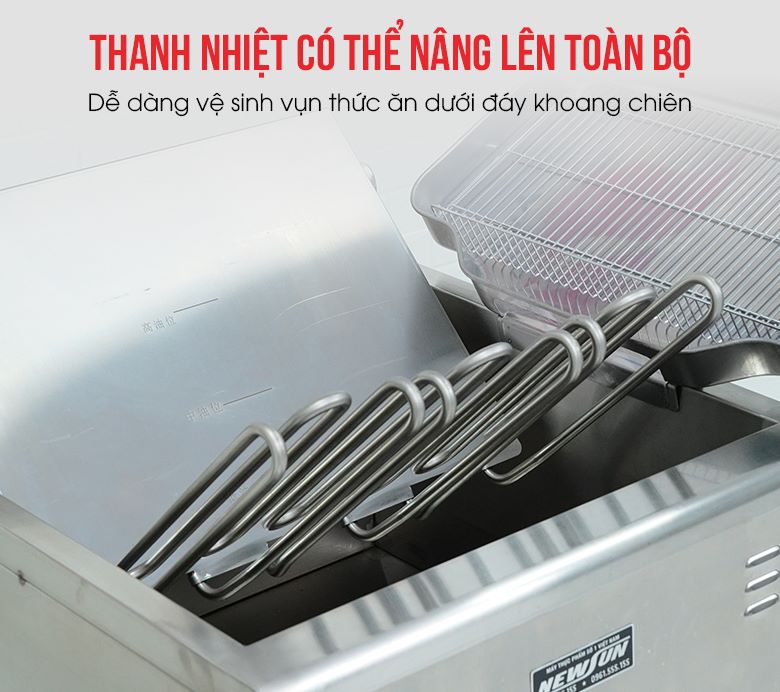 Thanh nhiệt có thể nâng lên toàn bộ, dễ dàng vệ sinh vụn thức ăn dưới đáy khoang chiên