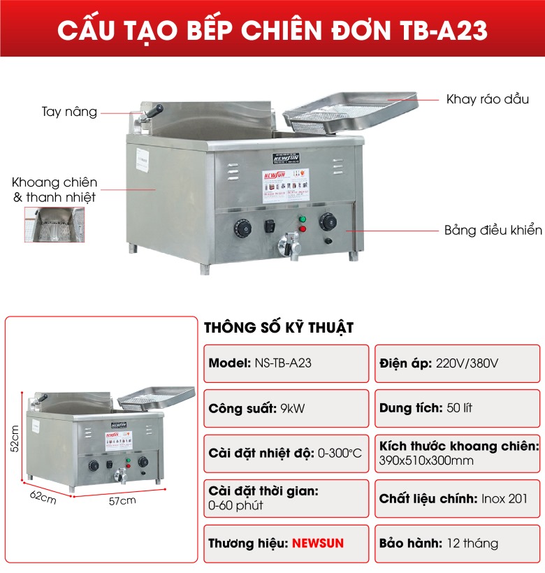 Cấu tạo chi tiết bếp chiên đơn TB-A23