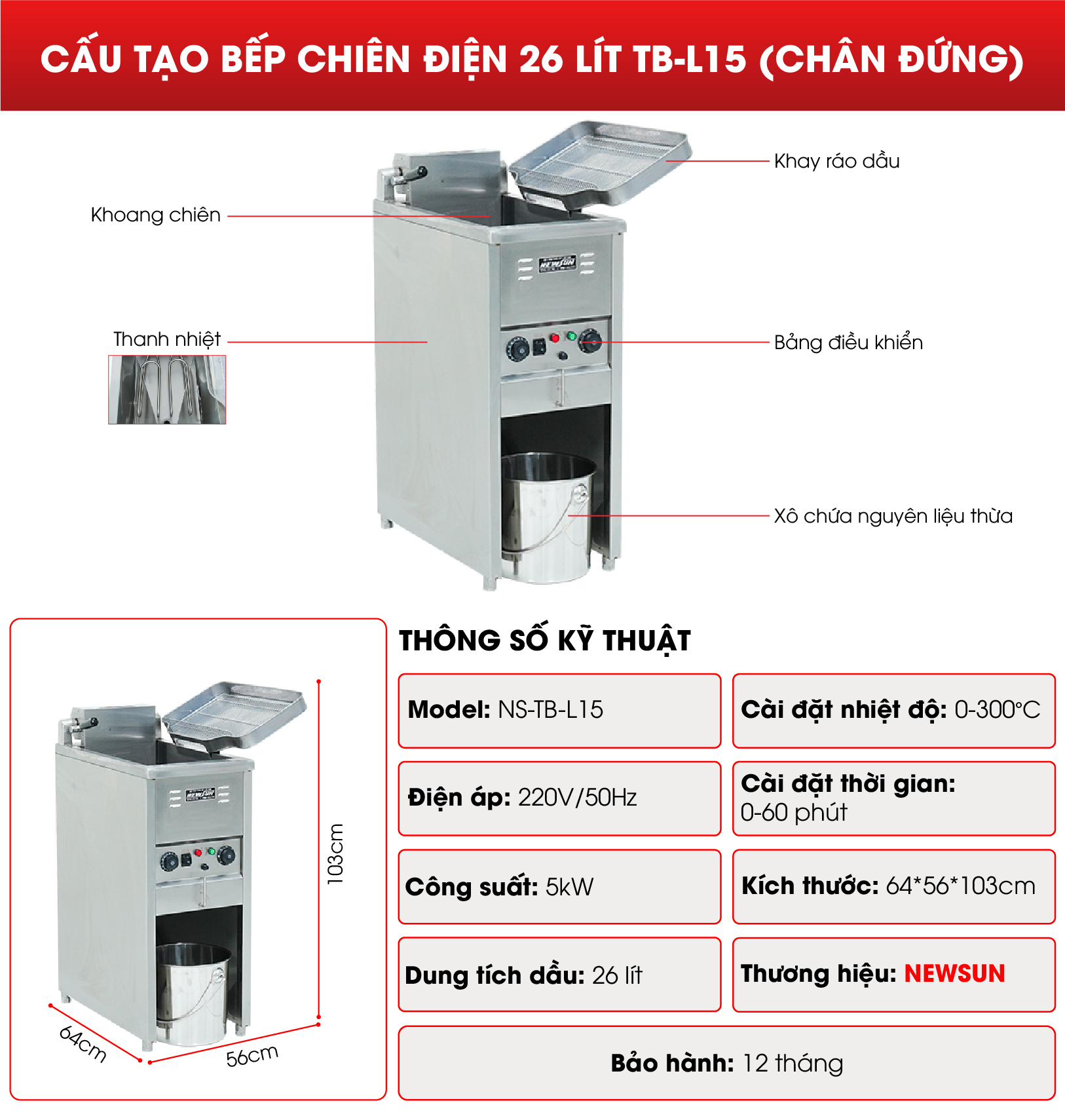 Cấu tạo bếp chiên điện 26 lít TB-L15 (chân đứng)