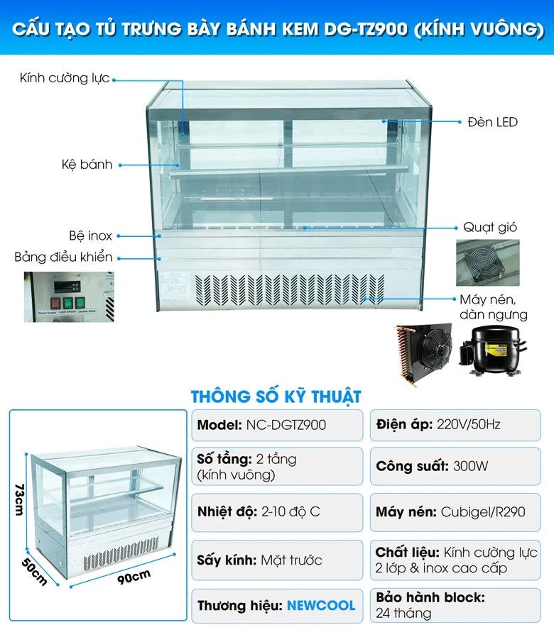 Cấu tạo tủ bánh kem 2 tầng 90cm kính vuông để bàn DG-TZ900