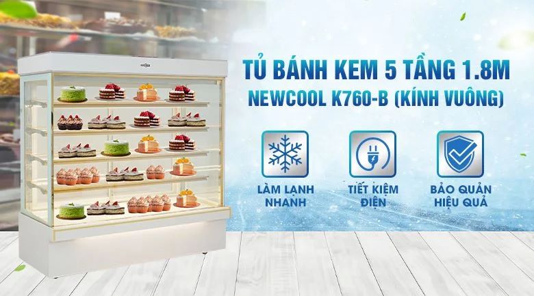 Tủ bánh kem 5 tầng 1m8 K760-B (kính vuông)