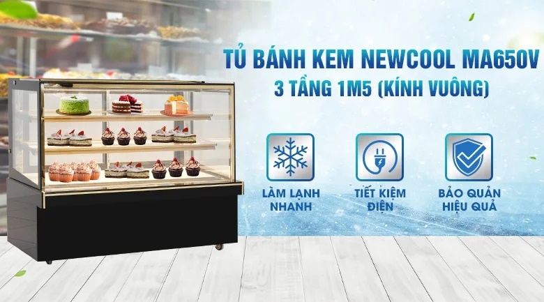 Tủ bánh kem 3 tầng 1m5 kính vuông MA650V NEWCOOL