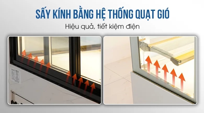 Hệ thống sấy gió ở cửa kính mặt sau và 2 bên hông tủ