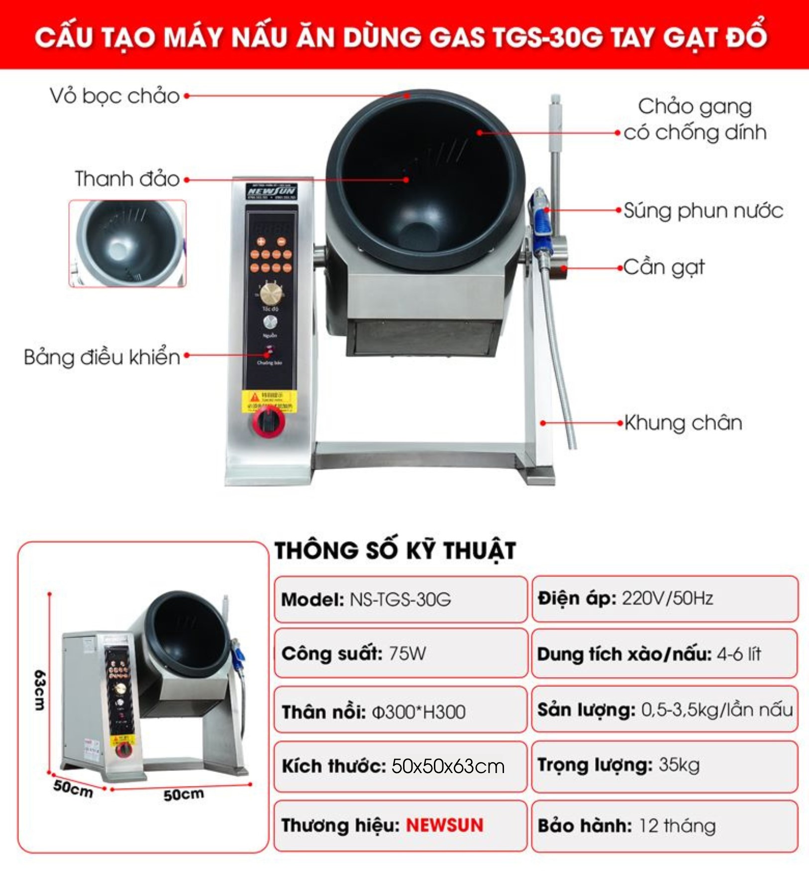 Cấu tạo máy nấu ăn dùng gas TGS-30G tay gạt đổ
