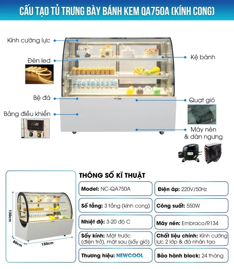 Cấu tạo tủ bánh kem 3 tầng 1m5 kính cong QA750A