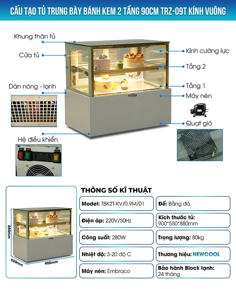 Cấu tạo tủ bánh kem 2 tầng TRZ-09T kính vuông