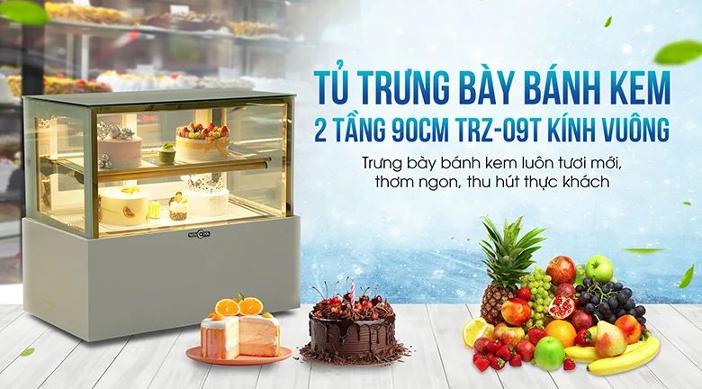 Tủ bánh kem 2 tầng 90cm TRZ-09T kính vuông - Giải pháp trưng bày bánh kem luôn tươi ngon