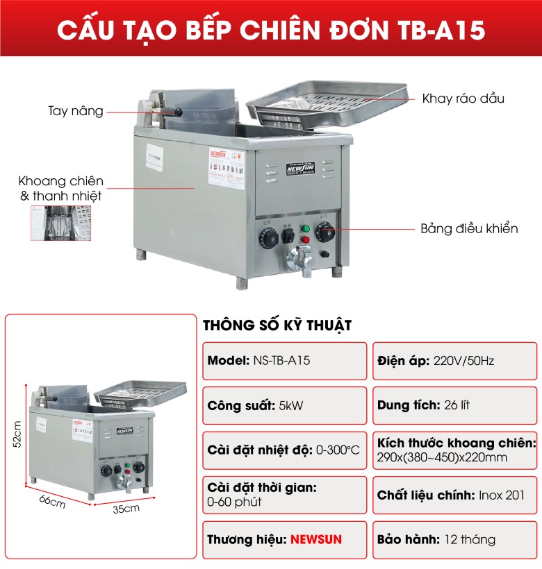 Cấu tạo bếp chiên đơn 26 lít TB-A15 để bàn