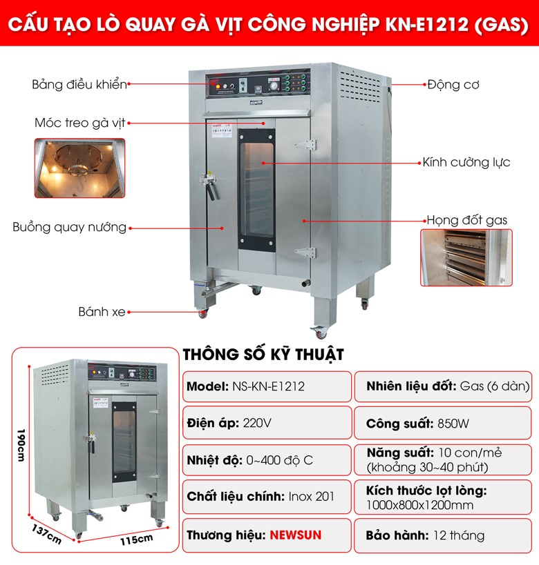 Cấu tạo lò quay gà vịt công nghiệp dùng gas KN-E1212