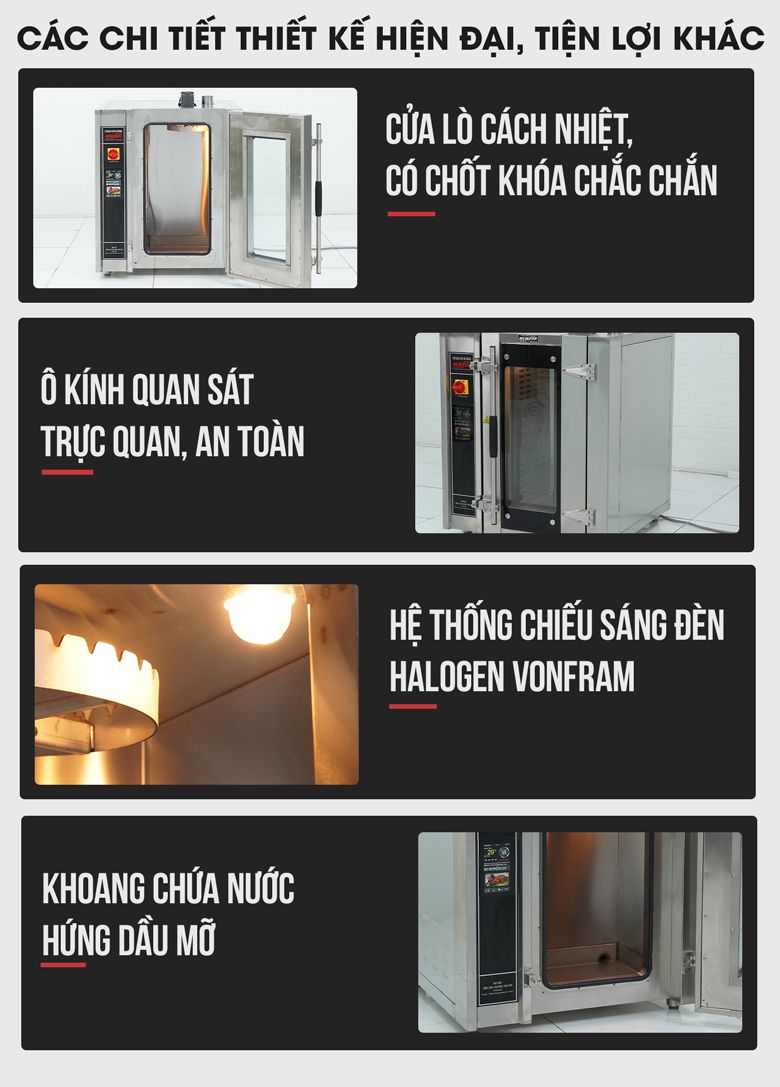 Các chi tiết thiết kế khác của lò quay gà vịt công nghiệp đối lưu KN-DE8485