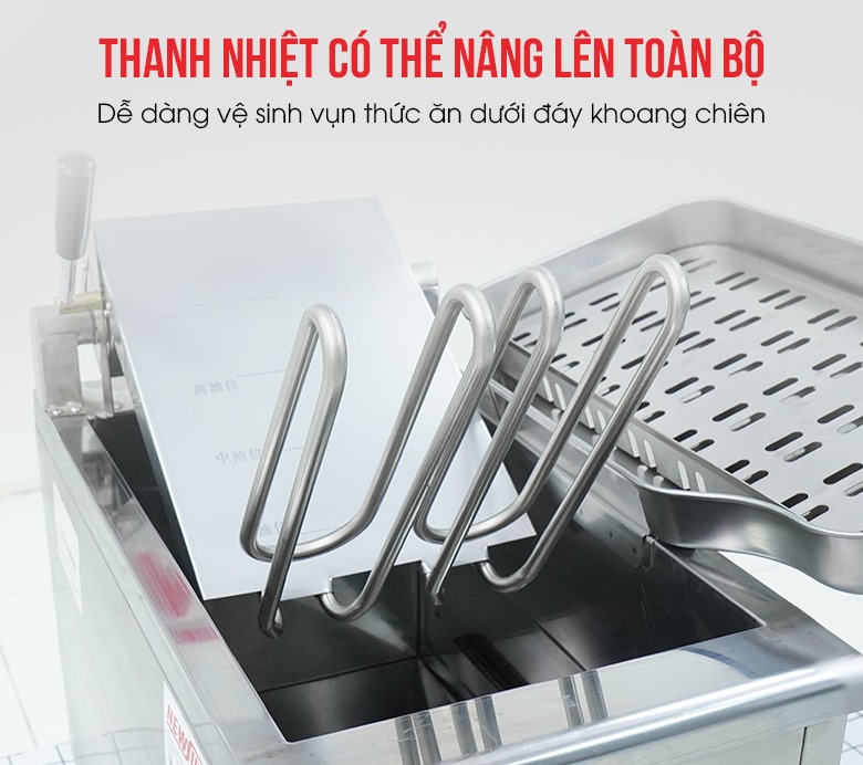 Thiết kế thanh nhiệt có thể nâng lên toàn bộ, dễ dàng vệ sinh đáy khoang chiên