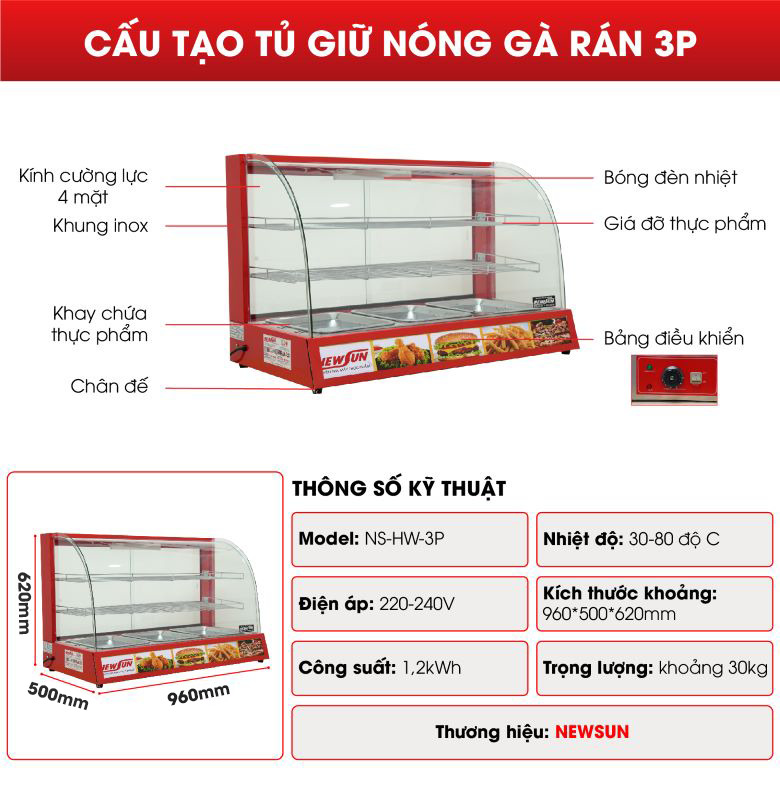 Cấu tạo tủ giữ nóng gà rán 3P