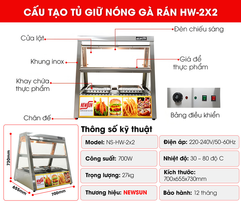 Chi tiết cấu tạo tủ giữ nóng thức ăn HW-2x2
