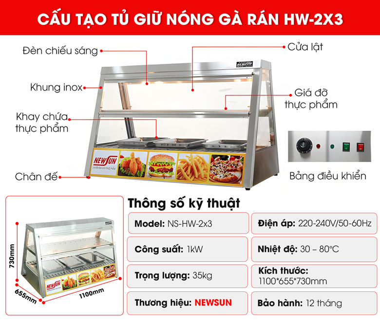 Cấu tạo tủ giữ nóng gà rán HW-2x3