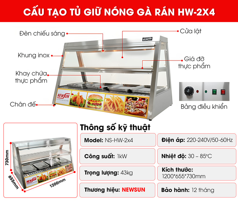 Cấu tạo tủ giữ nóng gà rán HW-2X4