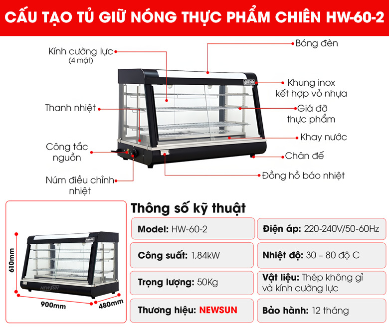 Cấu tạo tủ giữ nóng thực phẩm chiên 60-2