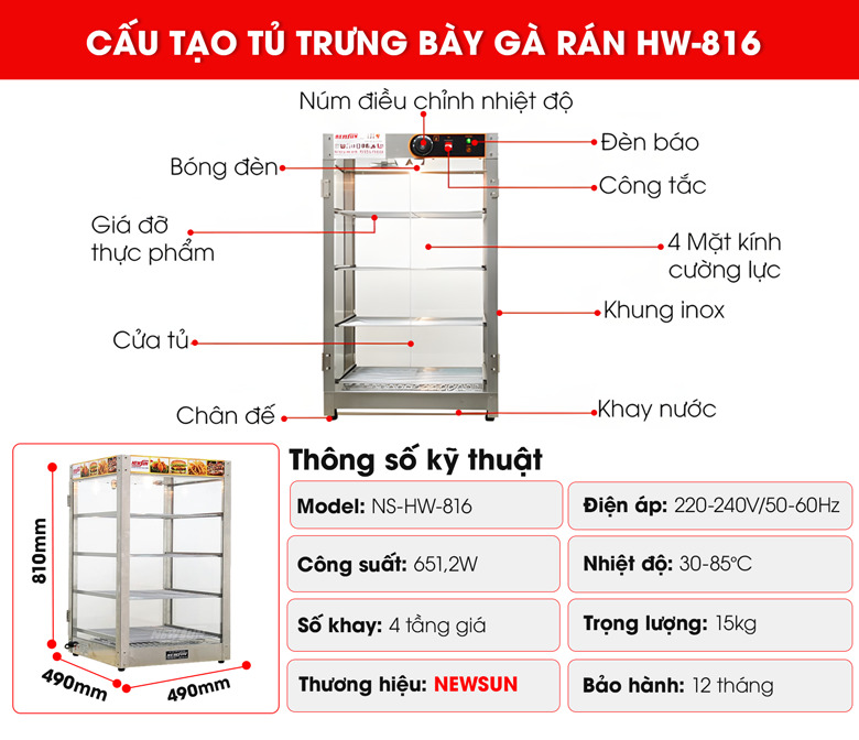 Cấu tạo chi tiết tủ trưng bày gà rán HW-816