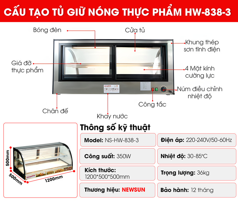 Cấu tạo tủ giữ nóng thực phẩm HW-838-3