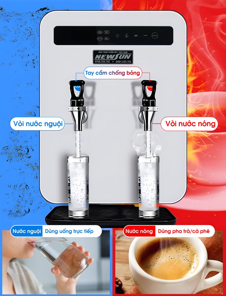 Trang bị 1 vòi nước nóng và 1 vòi nước nguội tiện lợi Trang bị 1 vòi nước nóng và 1 vòi nước nguội tiện lợi